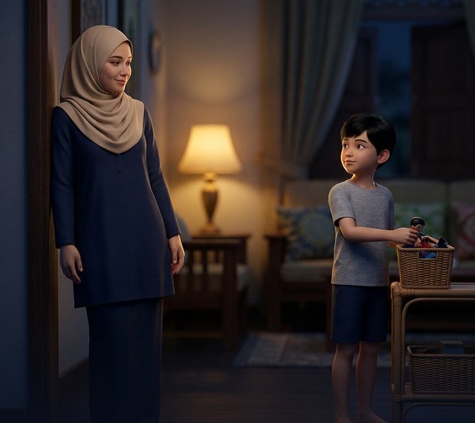 Anak menyimpan mainan ke dalam bakul sambil memandang ibu yang bersandar tenang di pintu