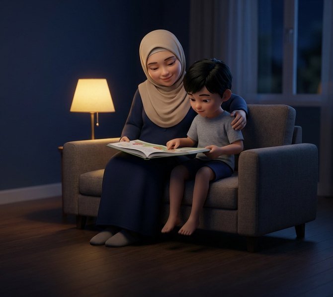 Ibu dan anak membaca satu buku cerita di sofa pada waktu malam yang tenang
