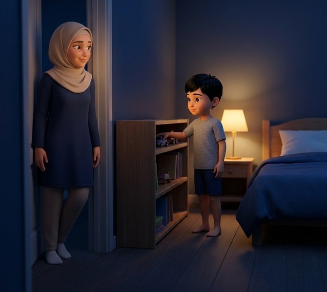 Anak mengemas rak bilik sendiri, ibu memerhati dari pintu sambil tersenyum