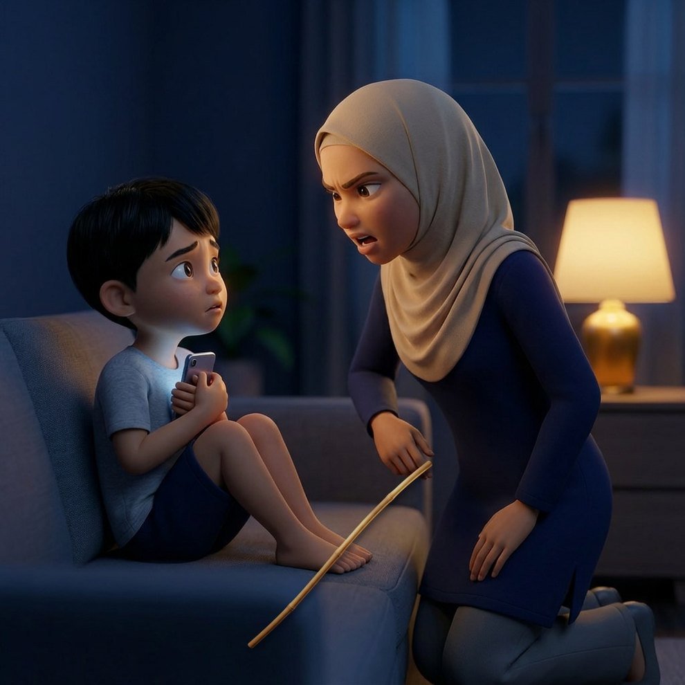 Ibu marah memegang rotan di sebelah sofa, anak masih tunduk pada telefon