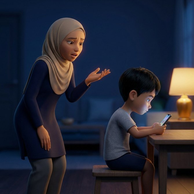 Ibu ulang arahan dengan tangan terbuka, anak terus tunduk pada telefon