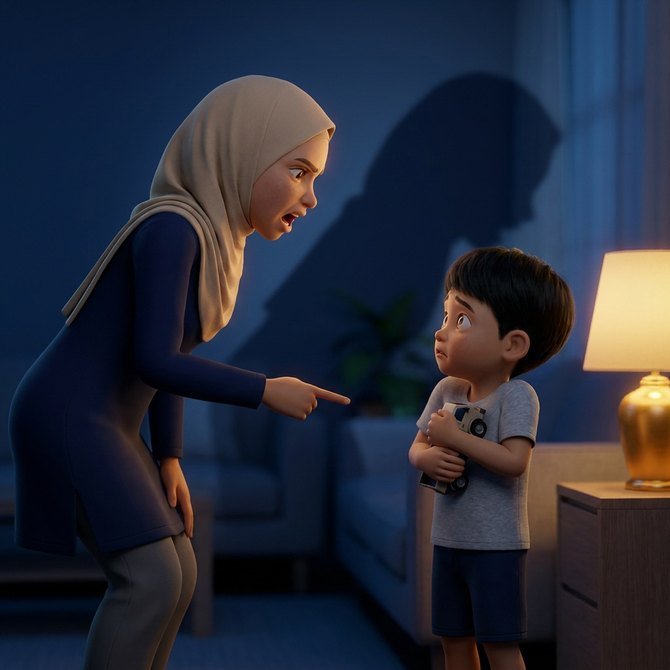 Ibu naik suara sambil menuding, anak tersentak memeluk mainan