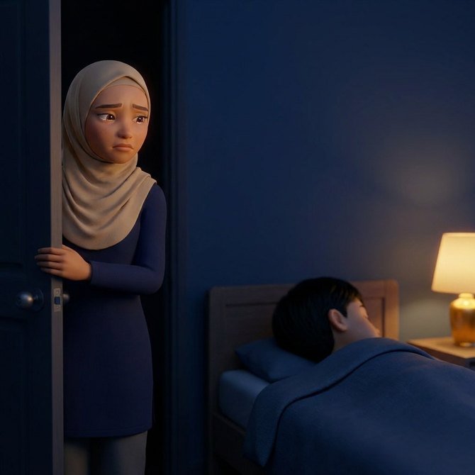 Malam hari, ibu berdiri di muka pintu bilik memandang anak yang sudah tidur