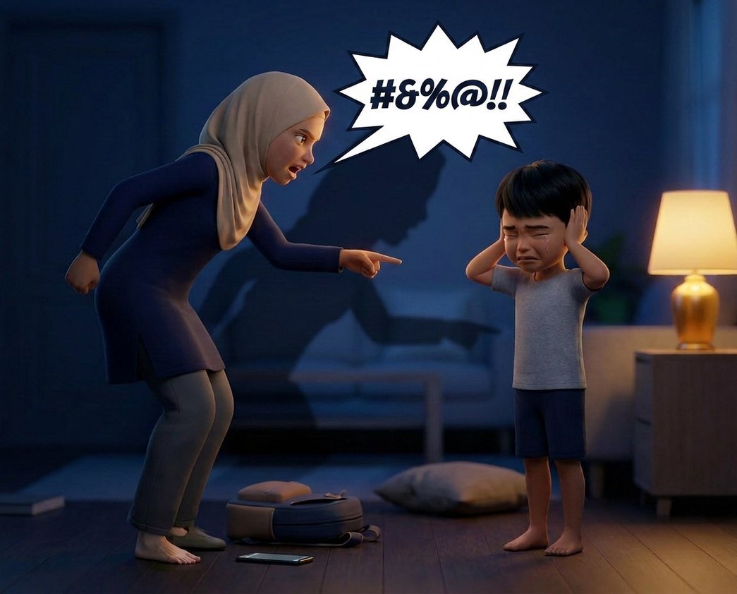 Ibu menjerit sambil menuding, anak menutup telinga menangis, beg sekolah dan telefon bersepah di lantai